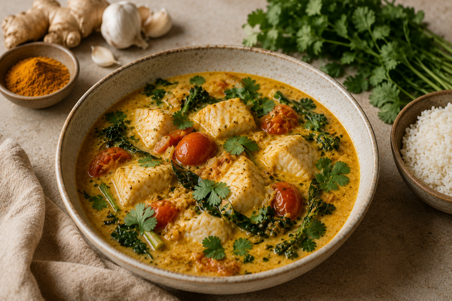Golden Anti-Inflammatory Coconut Fish Curry with lime and coriander